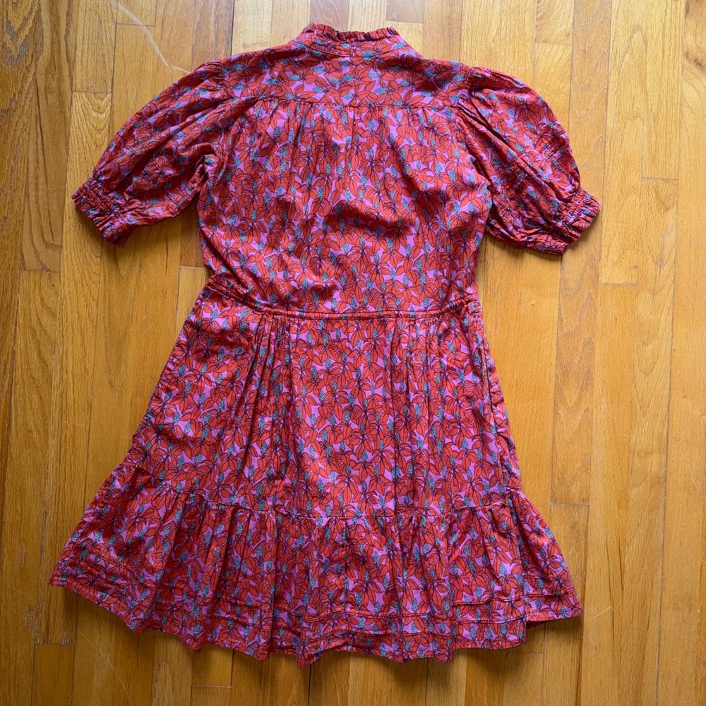 Trovata Birds of Paradis Red Pink Floral Cotton Puff Sleeve Mini Dress S Cottage - Picture 2 of 9